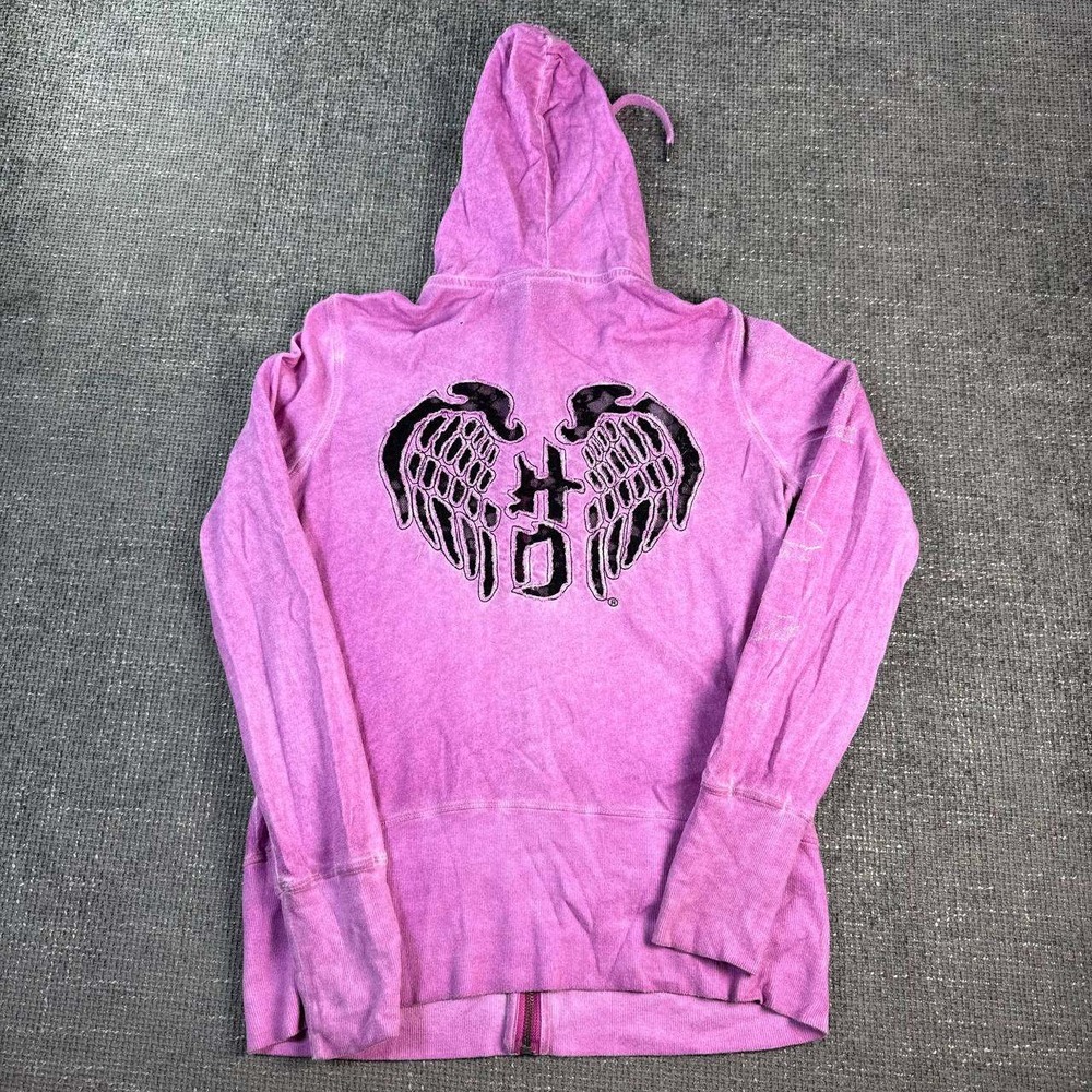 Harley-Davidson Zip Up Hoodie Womens Medium Pink Acid Wash Wings Y2K Biker